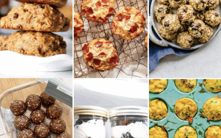 healthy grab and go snacks like breakfast cookies, egg bites, and protein balls.